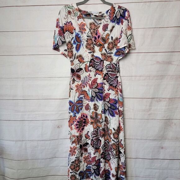 Zara Boho Crinkled Bright Floral Print Cape‎ Sleeve Beach Dress Women's sz Small - Picture 2 of 13